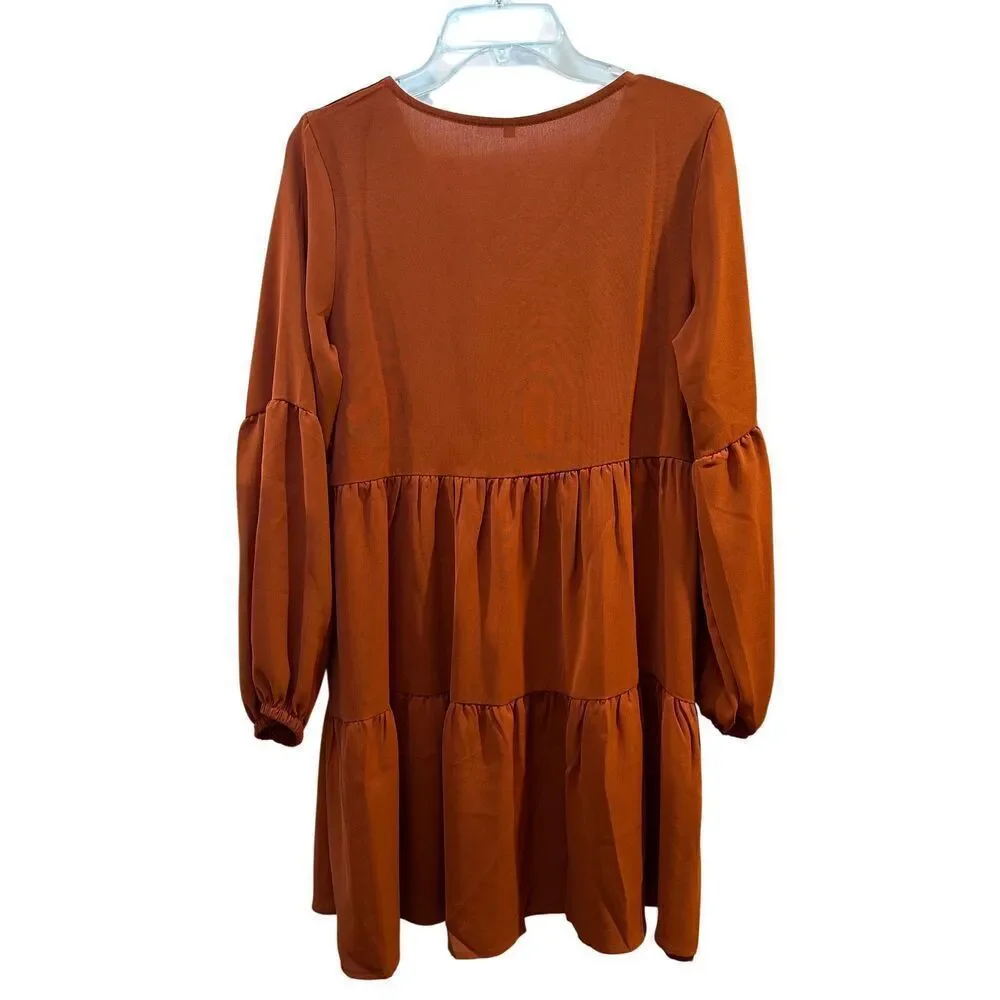 Burnt orange women’s tunic dress lantern sleeves size Small. #39-1857